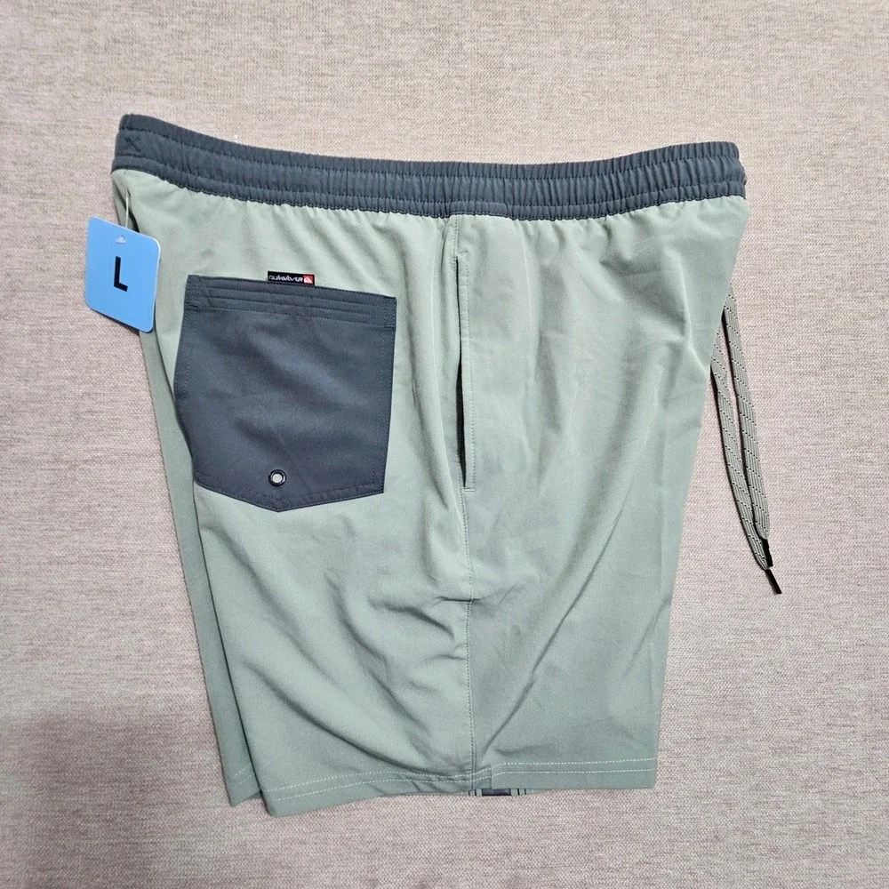 Quiksilver NWT Swim Trunks Mens Large Green Grey Quick Dry Stretch UPF 50